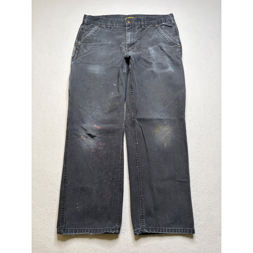 Stanley Carpenter Pants Mens 34x30 Black Distressed Canvas Workwear‎ Utility